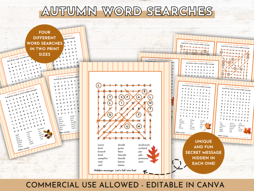 A view of an Autumn-themed word search with answers highlighted and secret message featured. Other examples of word searches are behind it in an array. 