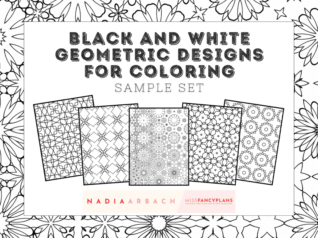 Mockup of five geometric coloring pages with the words 'Black and White Geometric Designs for Coloring Sample Set'