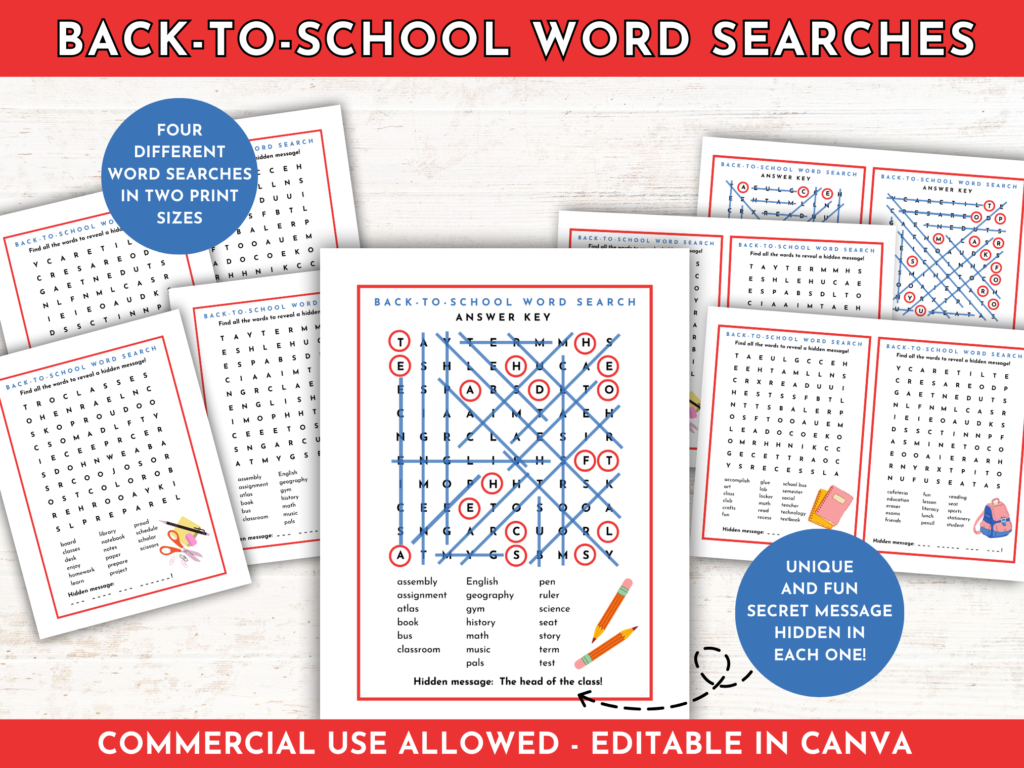 Back-to-School word searches, showing one completed word search with answers and hidden message circled, and the rest showing one-per-page and two-per-page layout