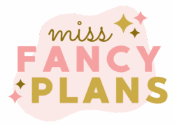 Miss Fancyplans logo. Stylized letters with stars in pink, olive, and gold colours.