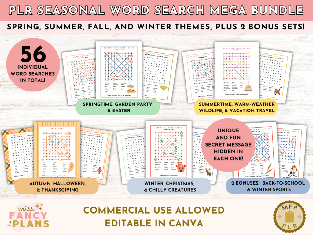 PLR Seasonal Word Search Mega Bundle mockup. Includes 56 editable word search puzzles with themes for spring, summer, fall, and winter, plus two bonus sets. Each puzzle features a hidden secret message. Editable in Canva. This product includes a PLR license.
