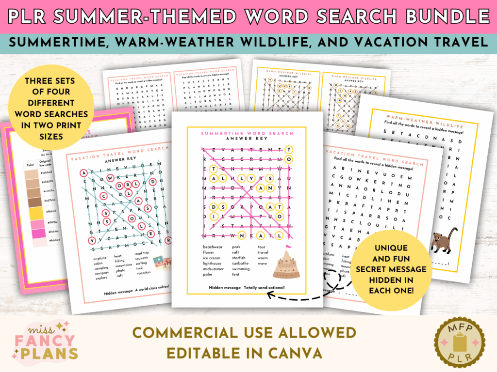 PLR Summer-Themed Word Search Bundle mockup. Includes 3 sets of four different summer-themed word search puzzles in two print sizes: Summertime, Warm-Weather Wildlife, and Vacation Travel. Each puzzle reveals a unique hidden message. Editable in Canva. This product includes a PLR license.