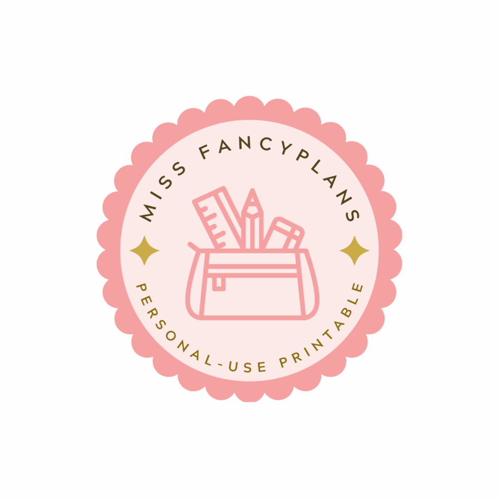 Miss Fancyplans Personal-Use Printables logo Logo for Miss Fancyplans Personal-Use Printables. A scalloped circle with a pencil case inside showing a pencil, ruler, and eraser, in pink colours.