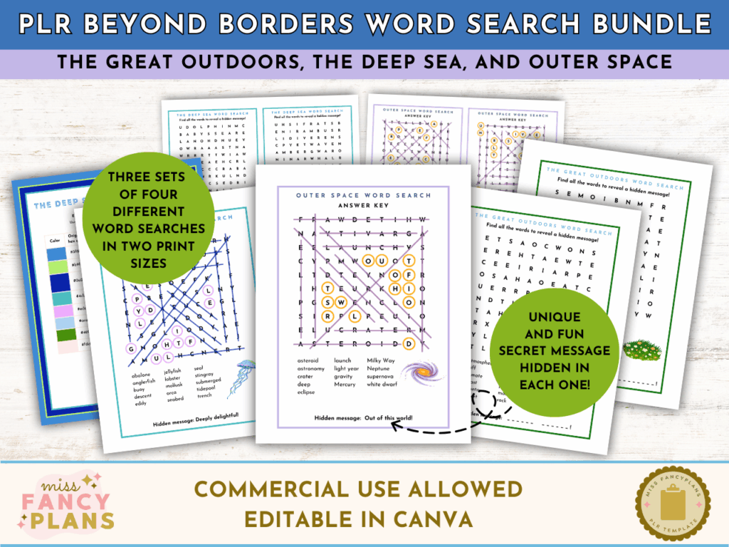 PLR Beyond Borders Word Searches mockup. Includes three sets of four different kid favorite-themed word search puzzles in two print sizes: The Great Outdoors, The Deep Sea, and Outer Space. Each puzzle reveals a unique hidden message. Editable in Canva. This product includes a PLR license.