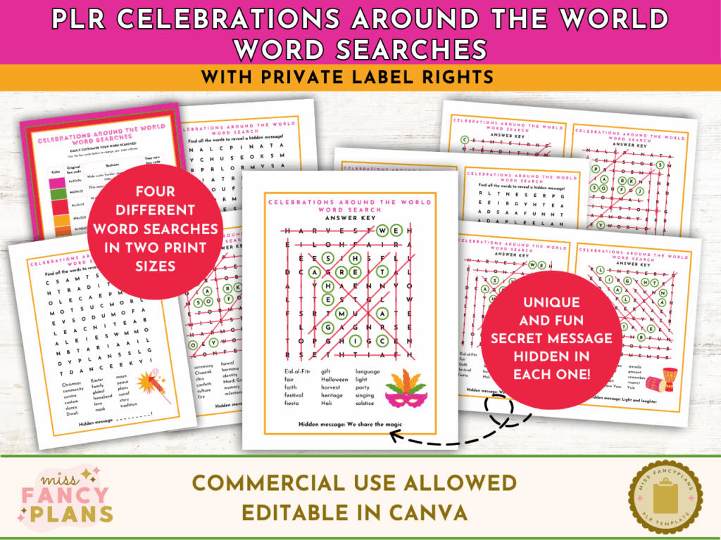 PLR Celebrations Around the World Word Searches mockup. Includes four different culture and heritage-themed word search puzzles in two print sizes. Each puzzle reveals a unique hidden message. Editable in Canva. This product includes a PLR license.