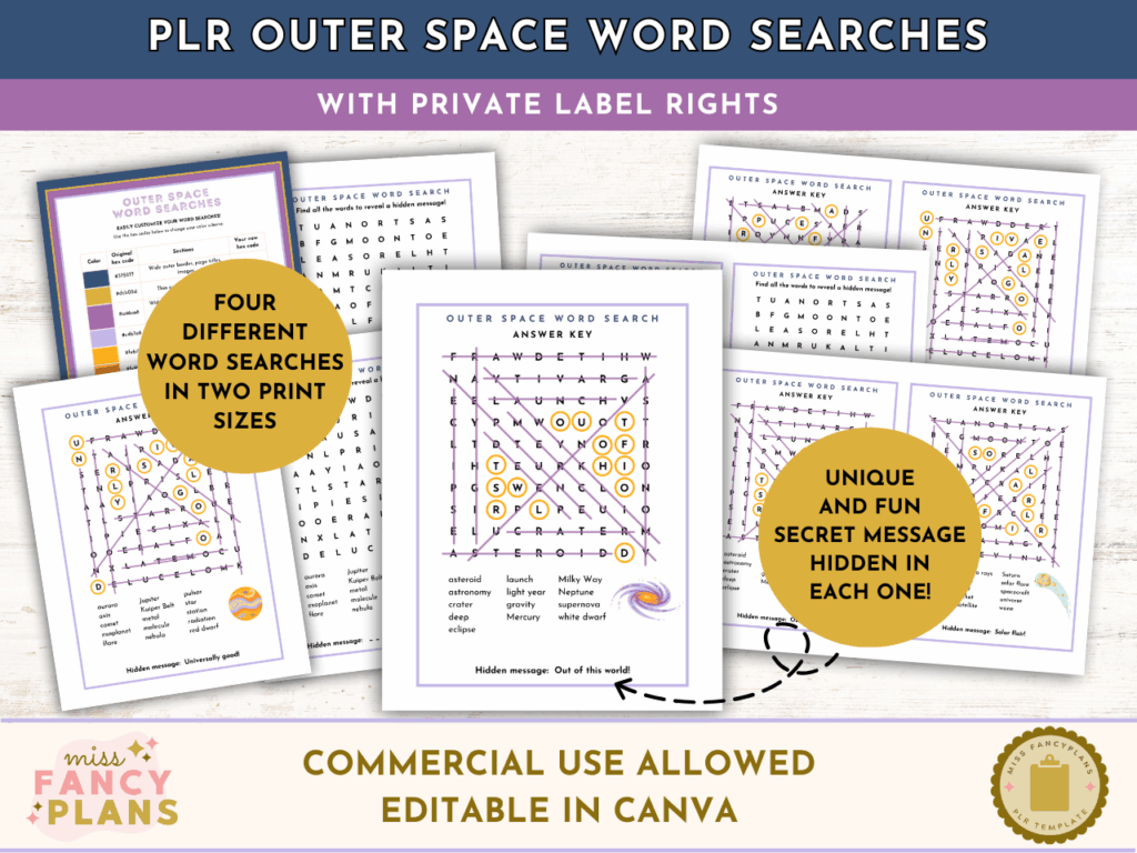 PLR Outer Space Word Searches mockup. Includes four different space-themed word search puzzles in two print sizes. Each puzzle reveals a unique hidden message. Editable in Canva. This product includes a PLR license.