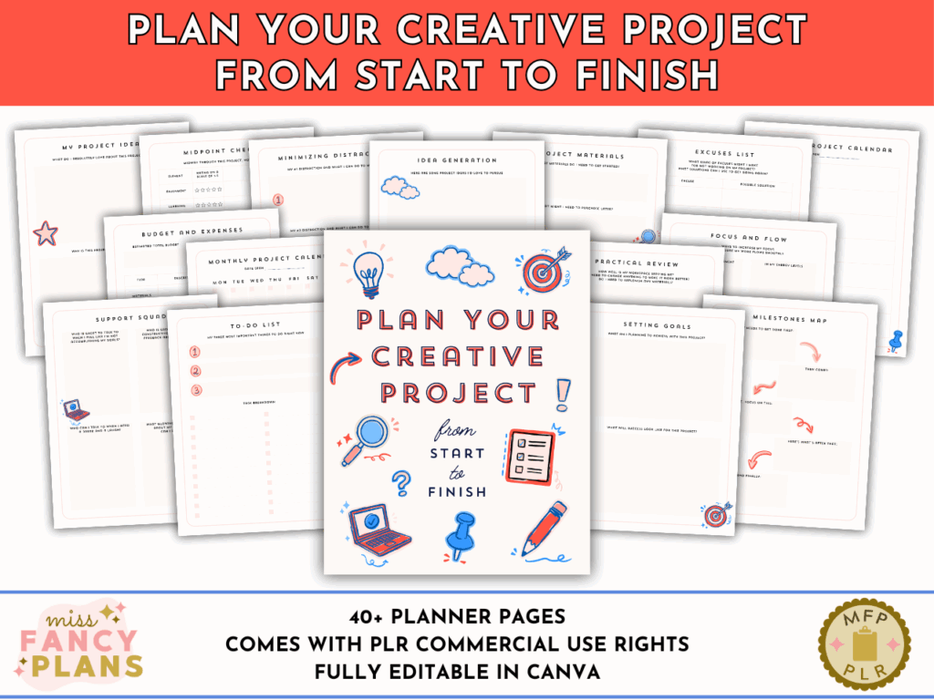 PLR Plan Your Creative Project From Start to Finish planner mockup. Includes over 40 pages of creative exercises for the beginning, middle, and end of a creative project. Editable in Canva. This product includes a PLR license.