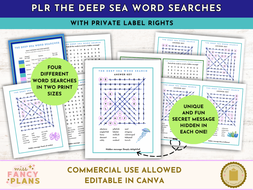 PLR The Deep Sea Word Searches mockup. Includes four different ocean-themed word search puzzles in two print sizes. Each puzzle reveals a unique hidden message. Editable in Canva. This product includes a PLR license.