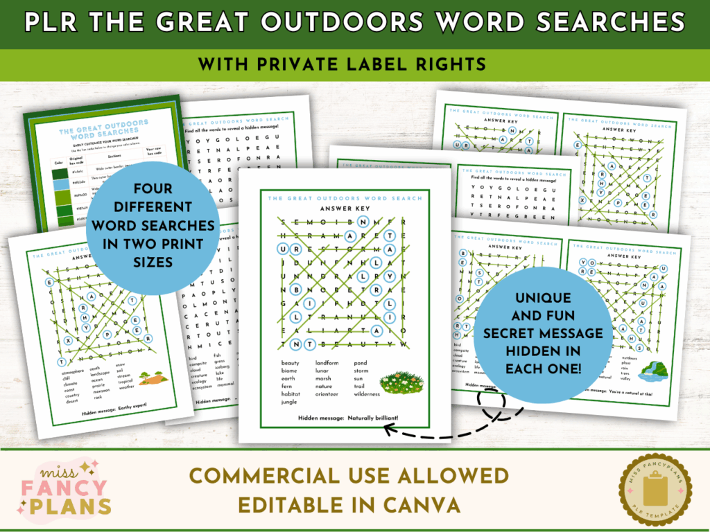 PLR The Great Outdoors Word Searches mockup. Includes four different outdoor-themed word search puzzles in two print sizes. Each puzzle reveals a unique hidden message. Editable in Canva. This product includes a PLR license.