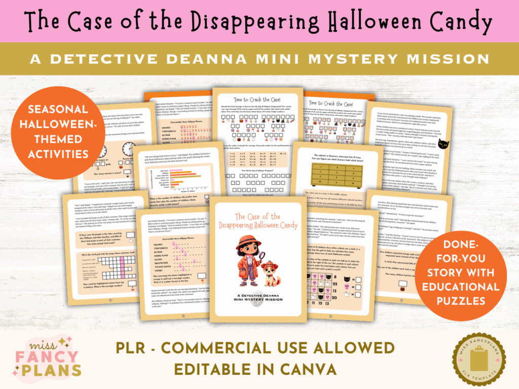 Mockup for PLR The Case of the Disappearing Halloween Candy: A Detective Deanna Mini Mystery Mission. Editable in Canva. This product includes a PLR license.