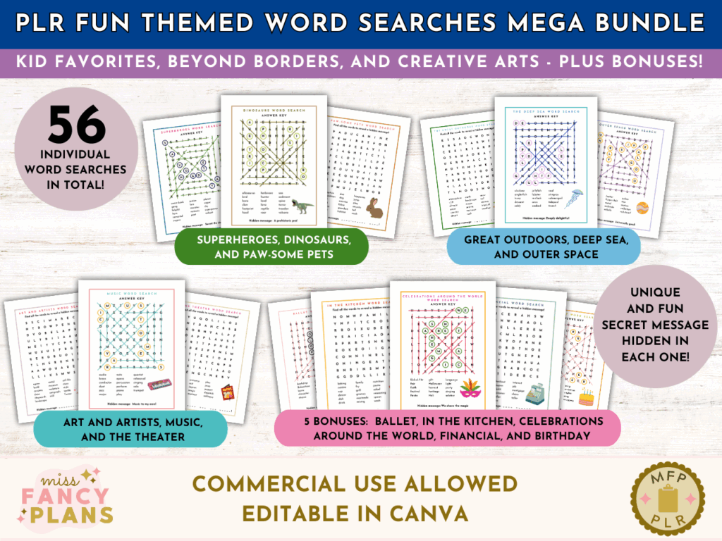PLR Fun Themed Word Search Mega Bundle mockup. Includes 56 editable word search puzzles with fun kid-friendly themes, plus two bonus sets. Each puzzle features a hidden secret message. Editable in Canva. This product includes a PLR license.