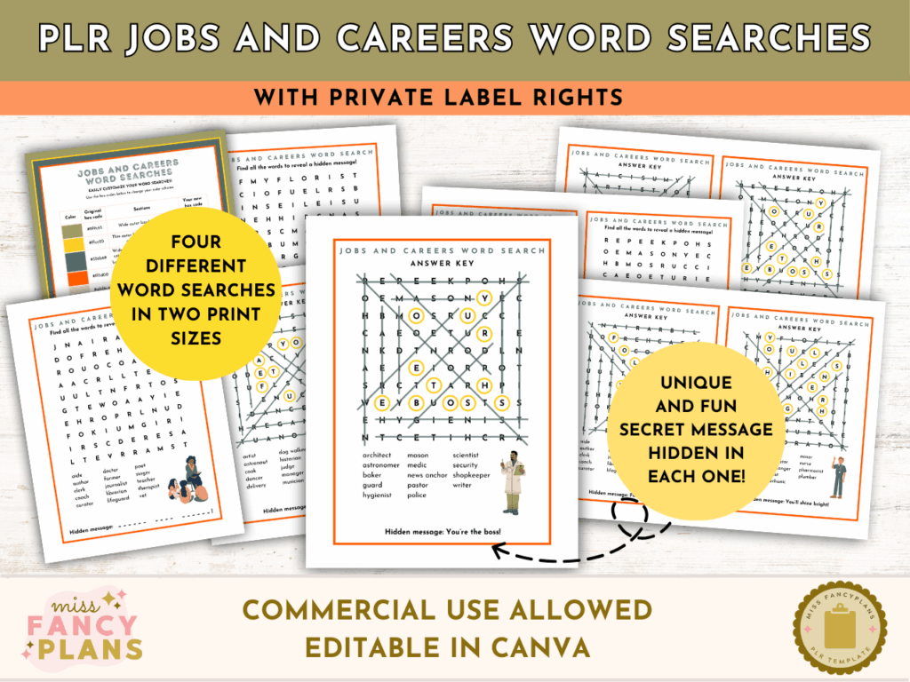PLR Jobs and Careers Word Searches mockup. Includes four different job-themed word search puzzles in two print sizes. Each puzzle reveals a unique hidden message. Editable in Canva. This product includes a PLR license.