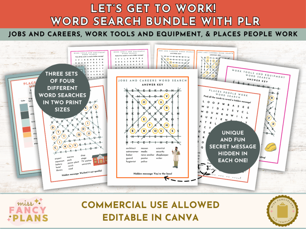 PLR Let's Get to Work Word Searches mockup. Includes three sets of four different word searches: Jobs and Careers, Work Tools and Equipment, and Places People Work. Each puzzle reveals a unique hidden message. Editable in Canva. This product includes a PLR license.