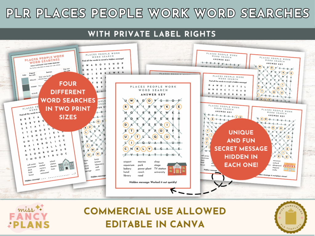 PLR Places People Work Word Searches mockup. Includes four different workplace-themed word search puzzles in two print sizes. Each puzzle reveals a unique hidden message. Editable in Canva. This product includes a PLR license.