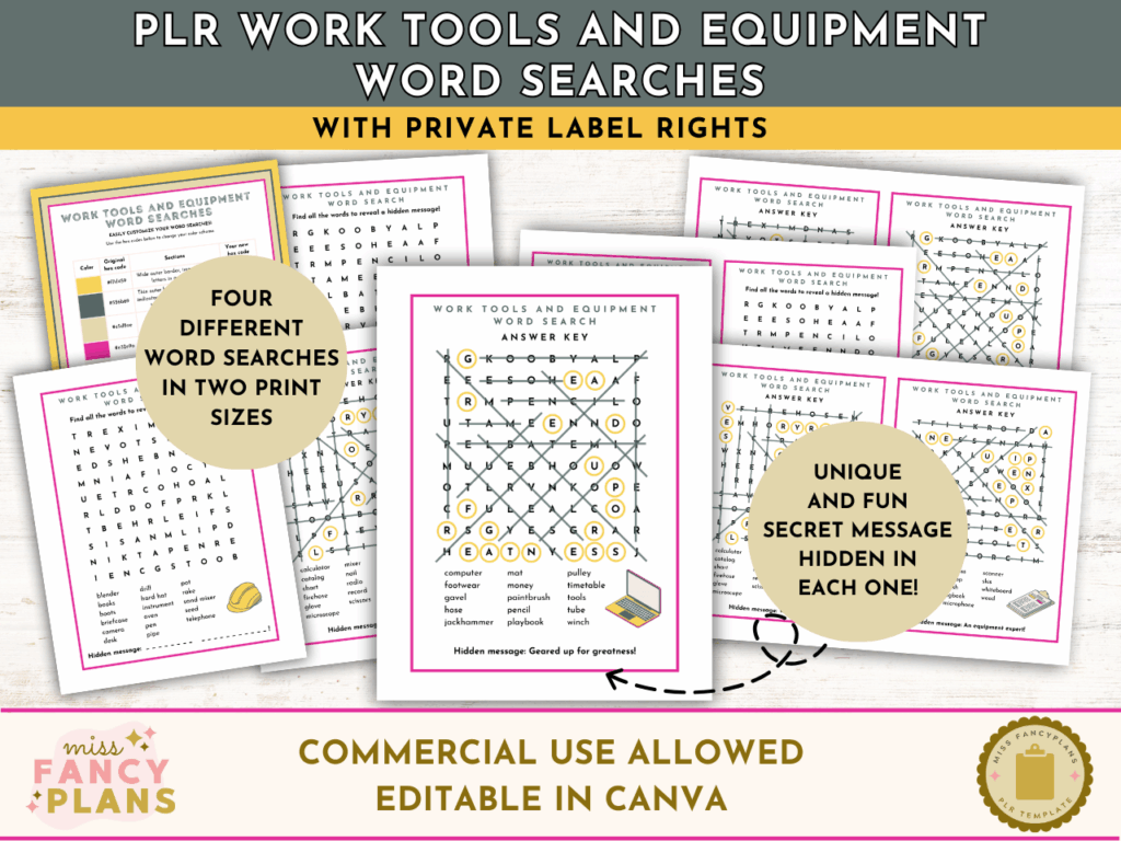 PLR Work Tools and Equipment Word Searches mockup. Includes four different work gear-themed word search puzzles in two print sizes. Each puzzle reveals a unique hidden message. Editable in Canva. This product includes a PLR license.