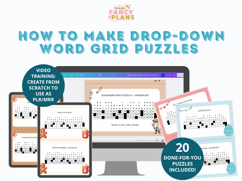 Mockup for course How to Make Drop-Down Word Grid Puzzles. Comes with 20 ready-made PLR puzzles.