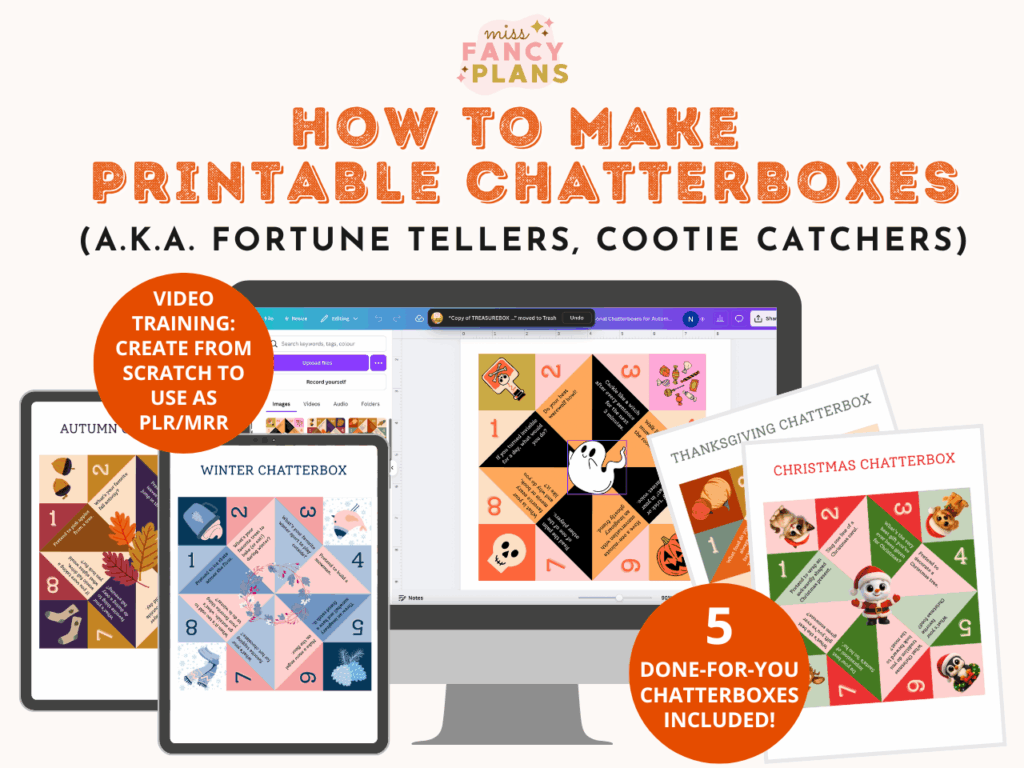 Mockup for How to Make Printable Chatterboxes course (also known as fortune tellers or cootie catchers).