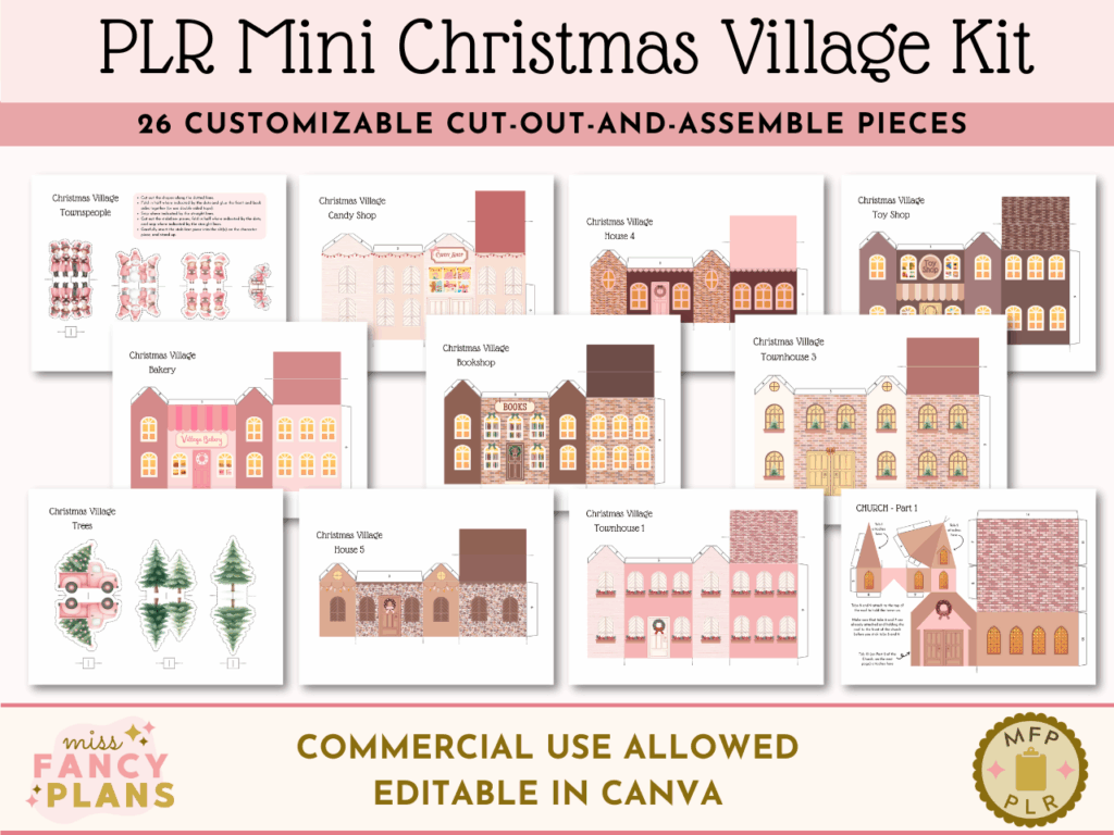 Mockup for PLR Mini Christmas Village Kit, a customizable cut-out-and-assemble kit with 26 pieces.
