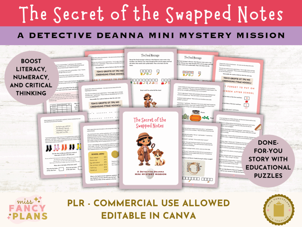 Mockup for PLR product, The Secret of the Swapped Notes: A Detective Deanna Mini Mystery Mission.
